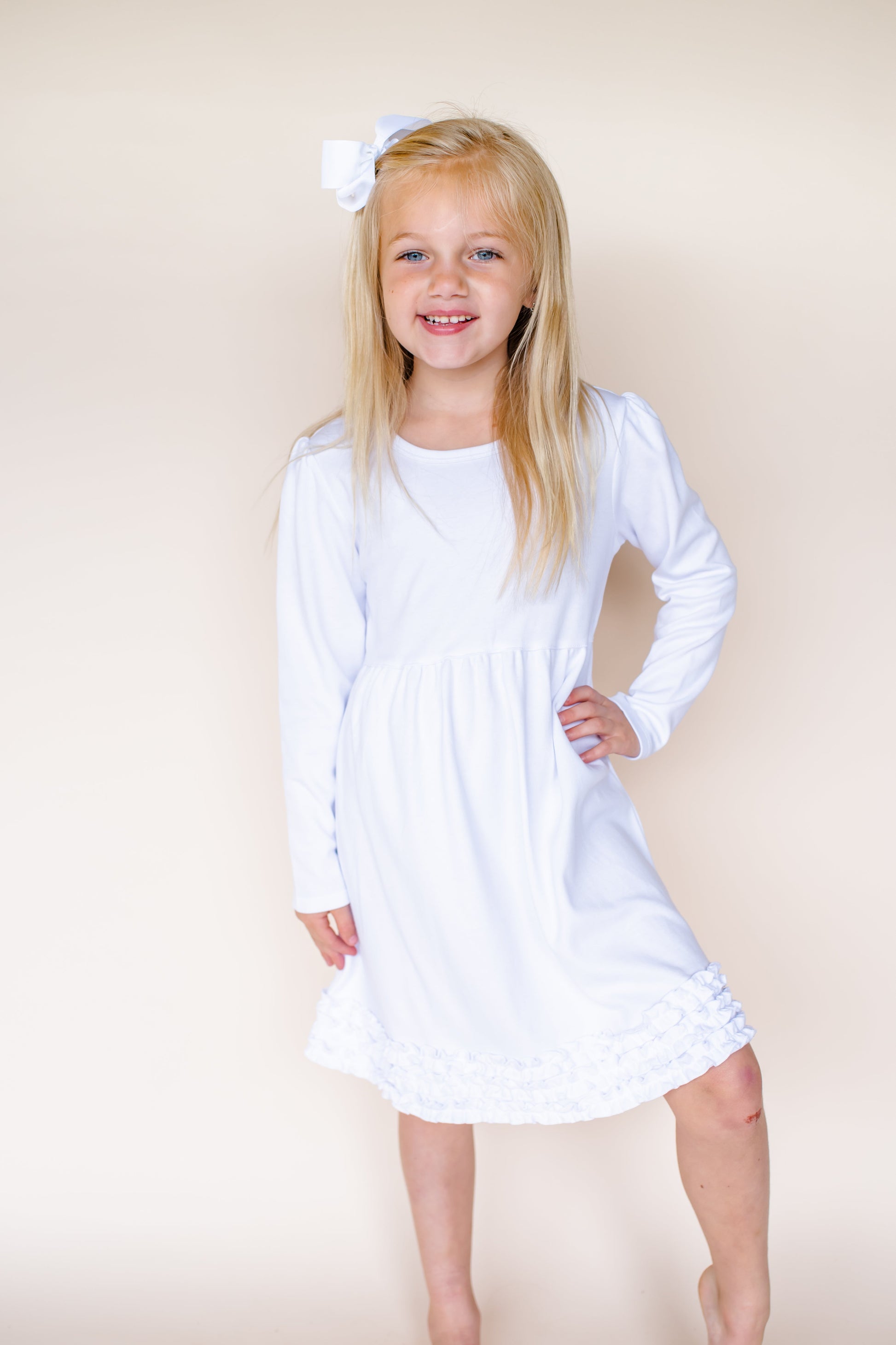 Girl’s Long Sleeve Ruffle Empire Waist Dress (12M-Toddler) - White / 12M - ARB Blanks