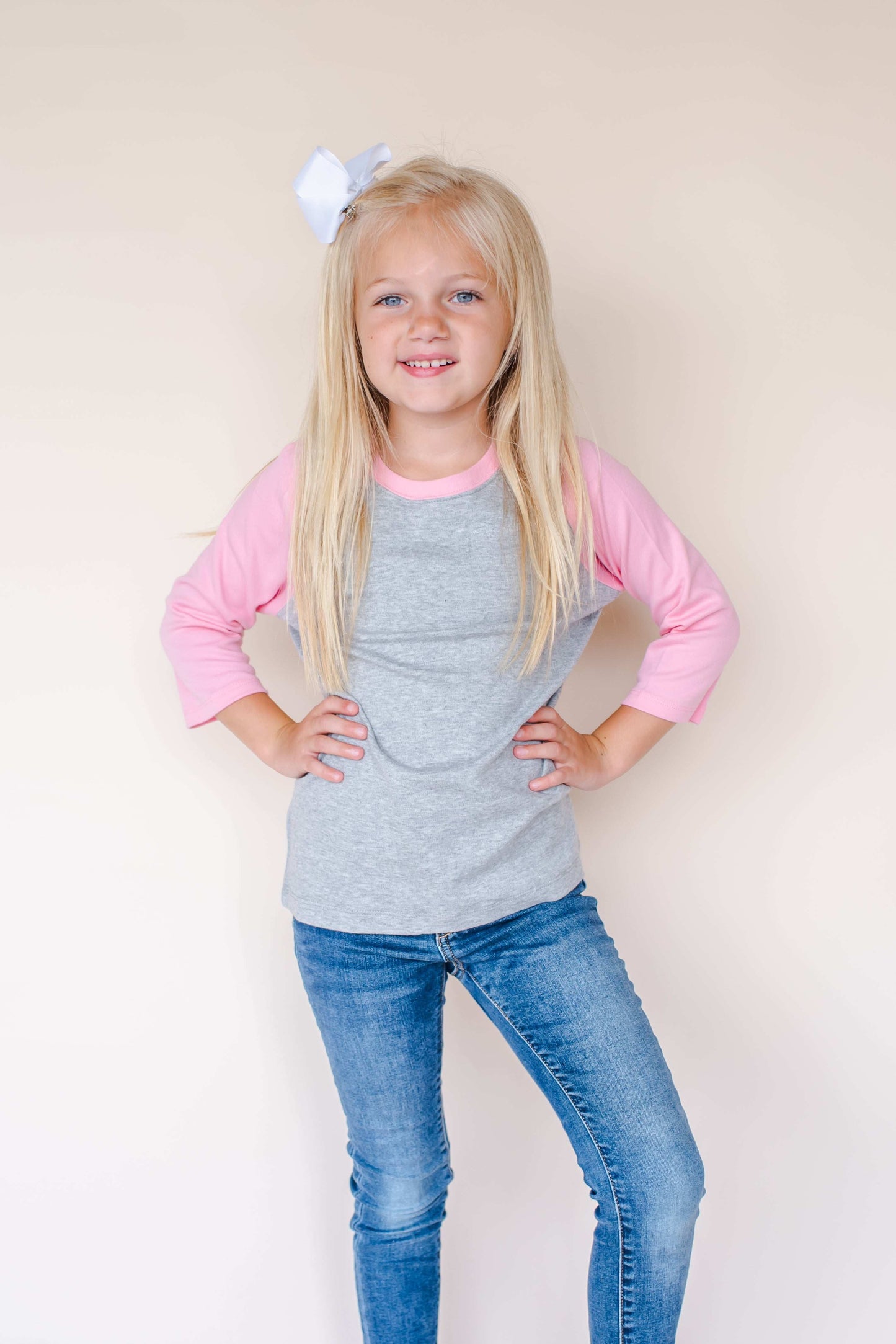 Unisex Raglan Shirt with Grey Body (Youth) - Bubble Gum Pink / 6 - ARB Blanks