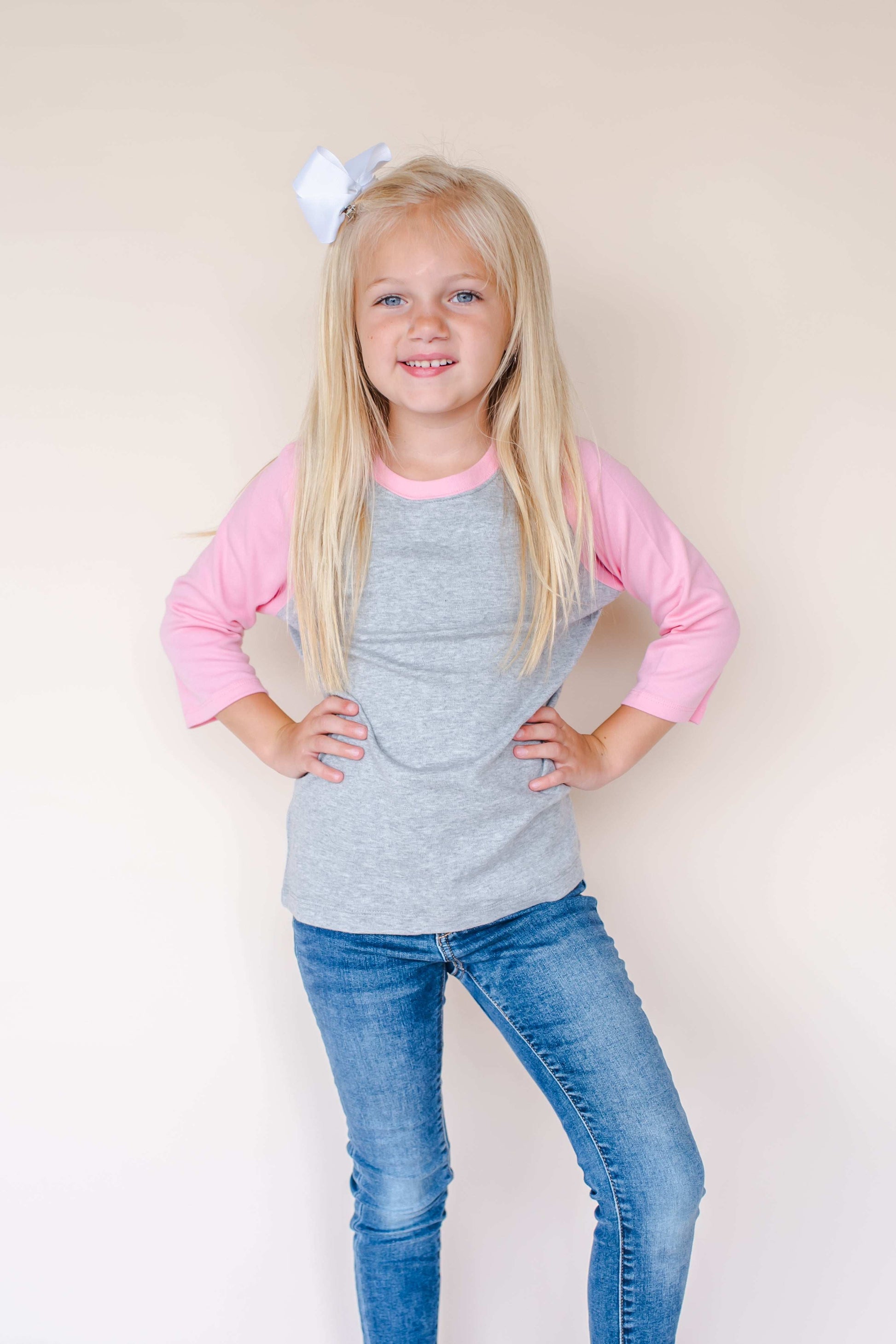 Unisex Raglan Shirt with Grey Body (Youth) - Bubble Gum Pink / 6 - ARB Blanks