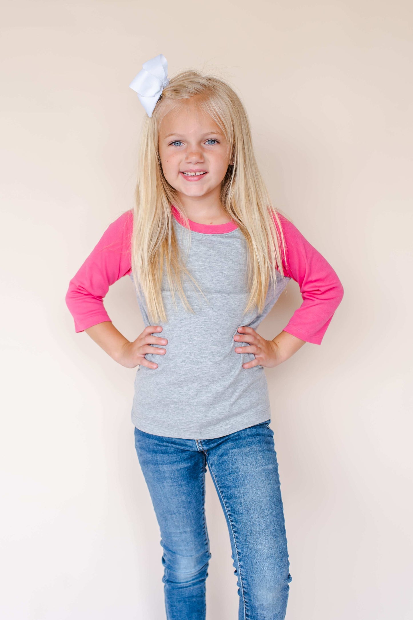 Unisex Raglan Shirt with Grey Body (Youth) - Hot Pink / 6 - ARB Blanks