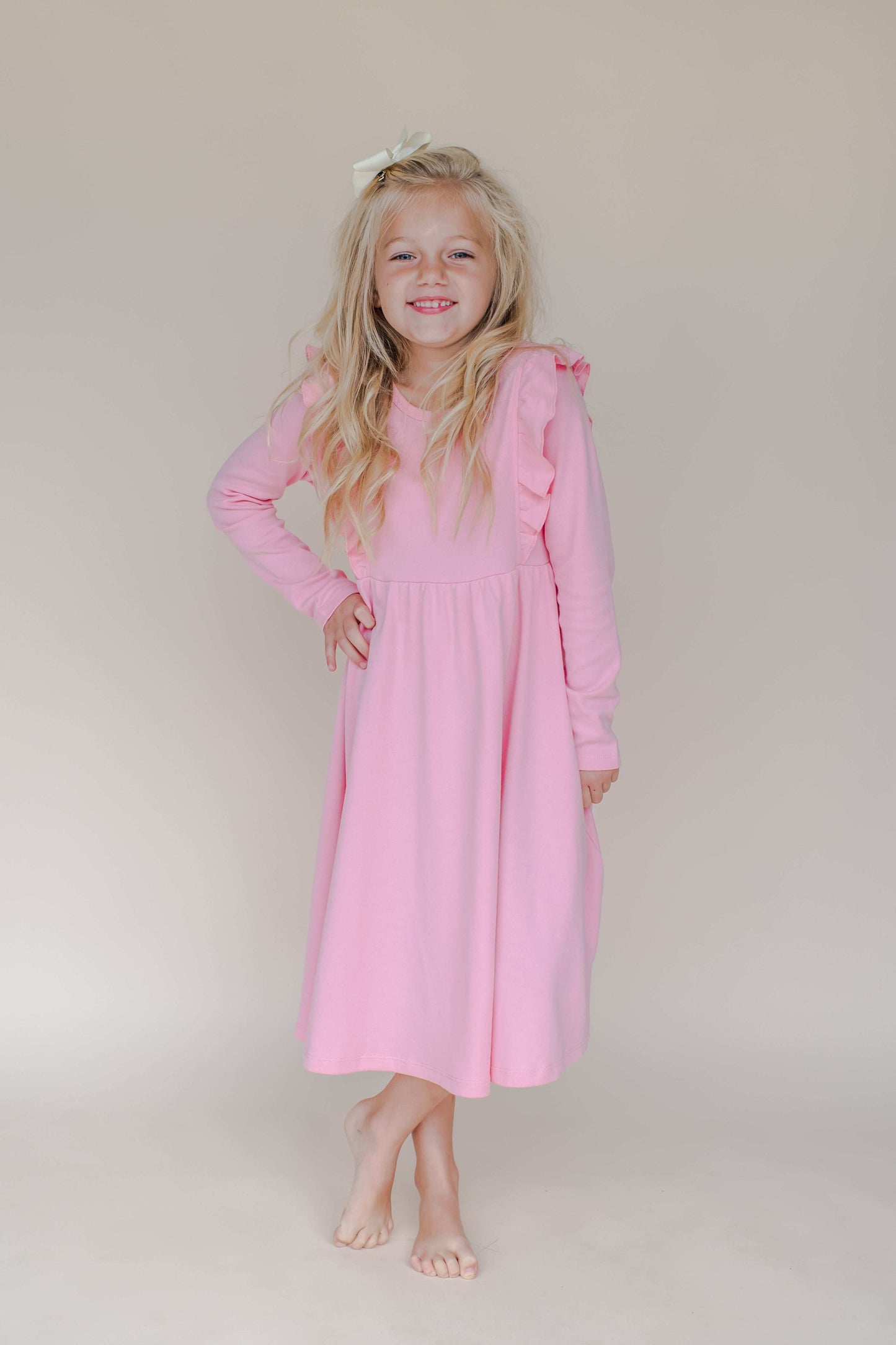 Girl’s Twirl Empire Waist Long Sleeve Dress - Bubble Gum Pink / 12M - ARB Blanks