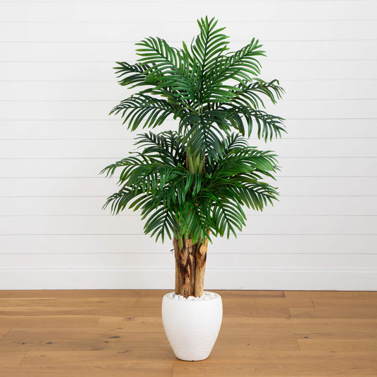 Palmera artificial de areca triple de 5,5 pies en macetero blanco