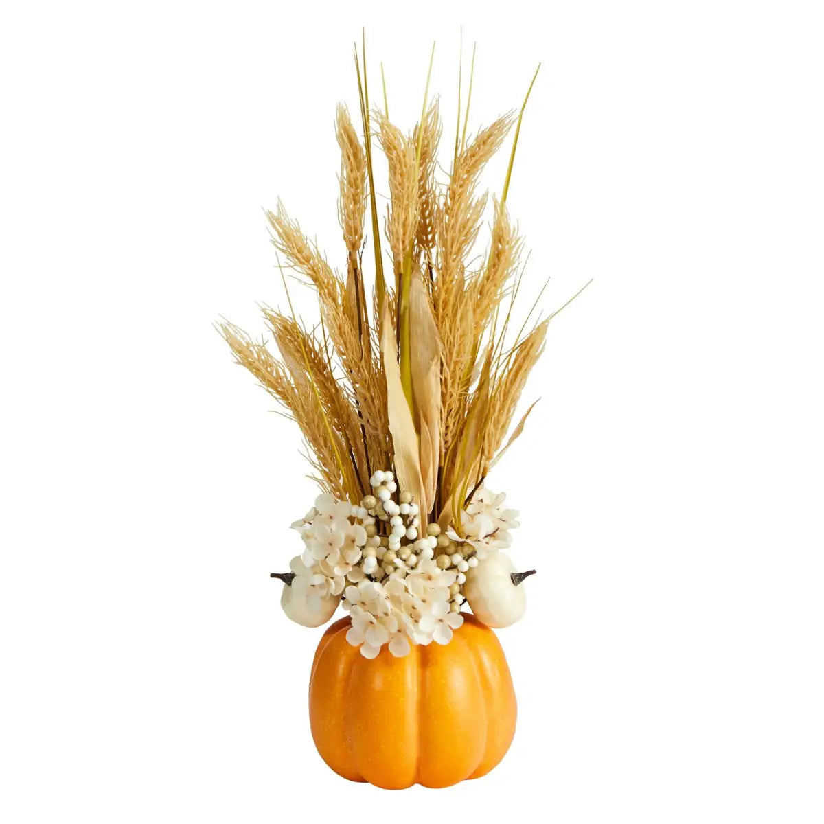21” Autumn Dried Wheat and Pumpkin Artificial Fall Arrangement in Decorative Pumpkin Vase - Nearly Natural
