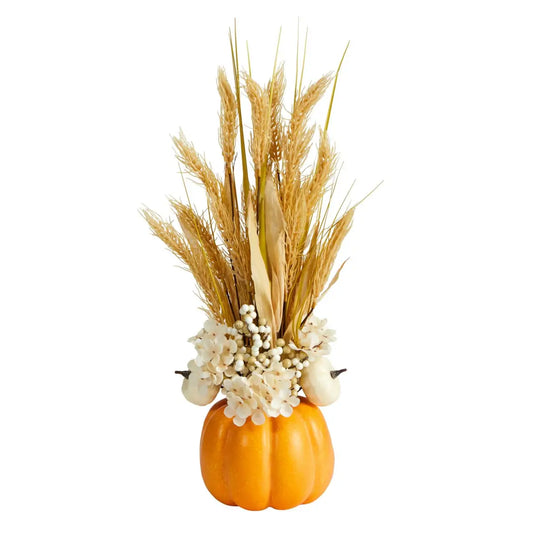 21” Autumn Dried Wheat and Pumpkin Artificial Fall Arrangement in Decorative Pumpkin Vase - Nearly Natural