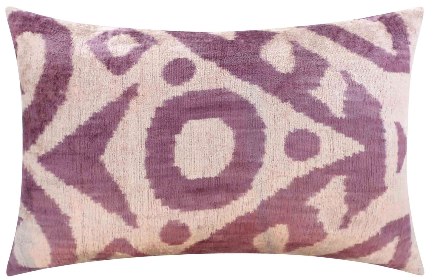 Almohada de terciopelo de seda Ikat hecha a mano: 16 x 24, cojín de lujo en lavanda y crema con relleno de plumas