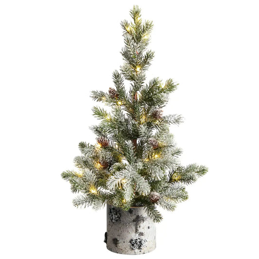 24” Flocked Artificial Christmas Tree in Decorative Birch Bark Planter - Nearly Natural