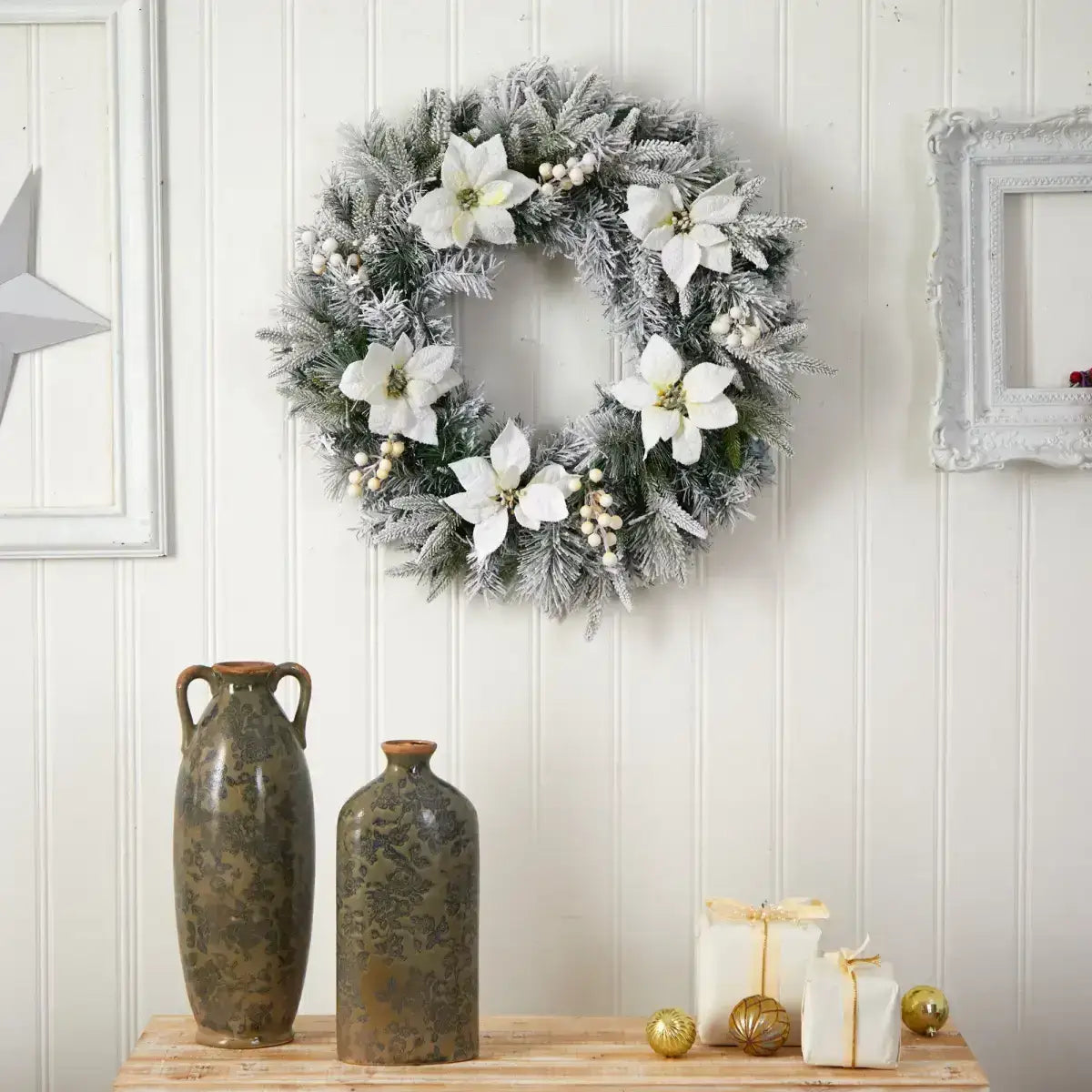 24” Flocked Poinsettia and Pine Artificial Christmas Wreath with 50 Warm White LED Lights - Nearly Natural
