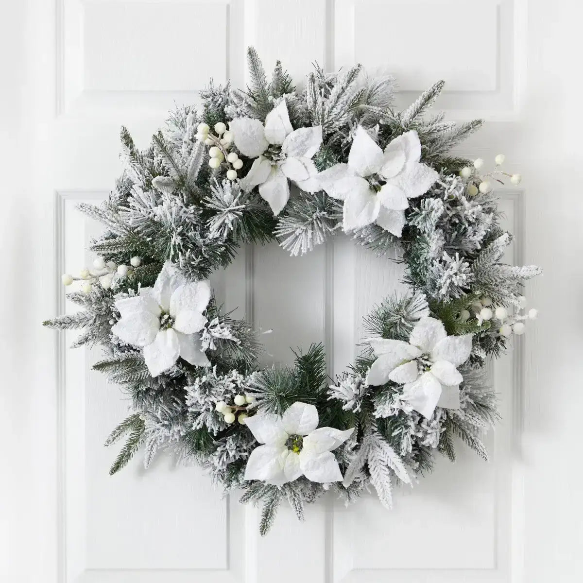 24” Flocked Poinsettia and Pine Artificial Christmas Wreath with 50 Warm White LED Lights - Nearly Natural