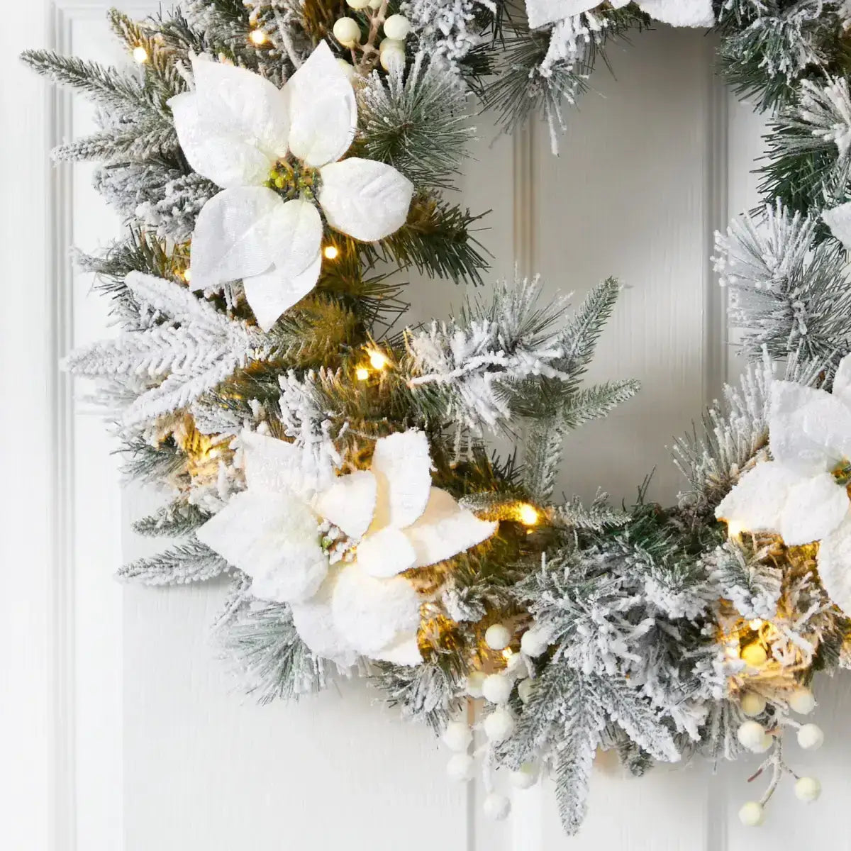 24” Flocked Poinsettia and Pine Artificial Christmas Wreath with 50 Warm White LED Lights - Nearly Natural