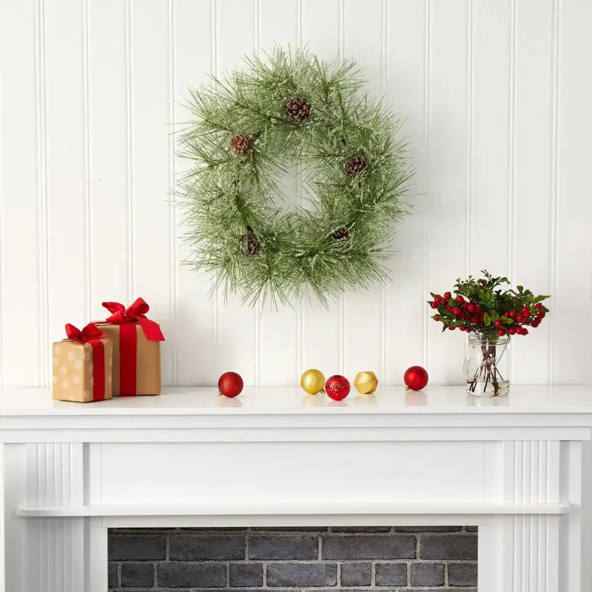 24” Iced Pine Artificial Wreath with Pine Cones - Nearly Natural