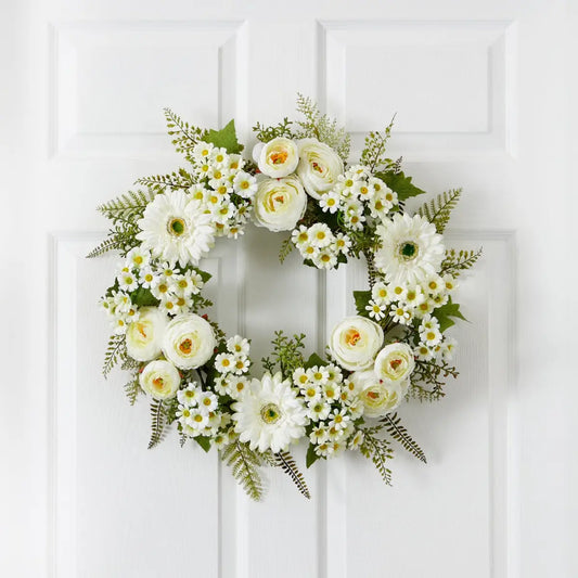 24” Mixed Daisy’s and Ranunculus Wreath - Nearly Natural