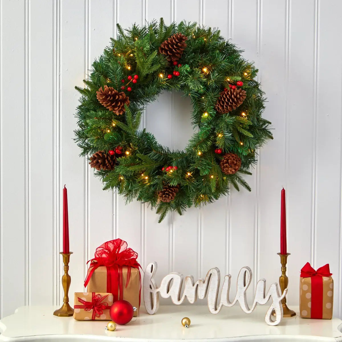 24” Mixed Pine Artificial Christmas Wreath with 35 Clear LED Lights and Berries - Nearly Natural