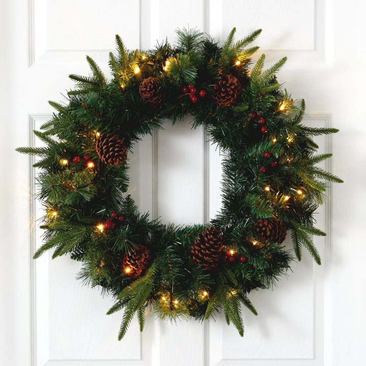 24” Mixed Pine Artificial Christmas Wreath with 35 Clear LED Lights and Berries - Nearly Natural
