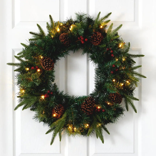 24” Mixed Pine Artificial Christmas Wreath with 35 Clear LED Lights and Berries - Nearly Natural