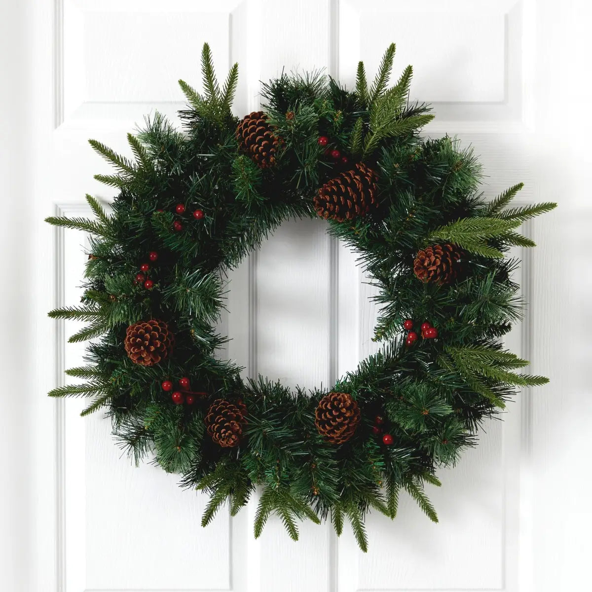 24” Mixed Pine Artificial Christmas Wreath with 35 Clear LED Lights and Berries - Nearly Natural