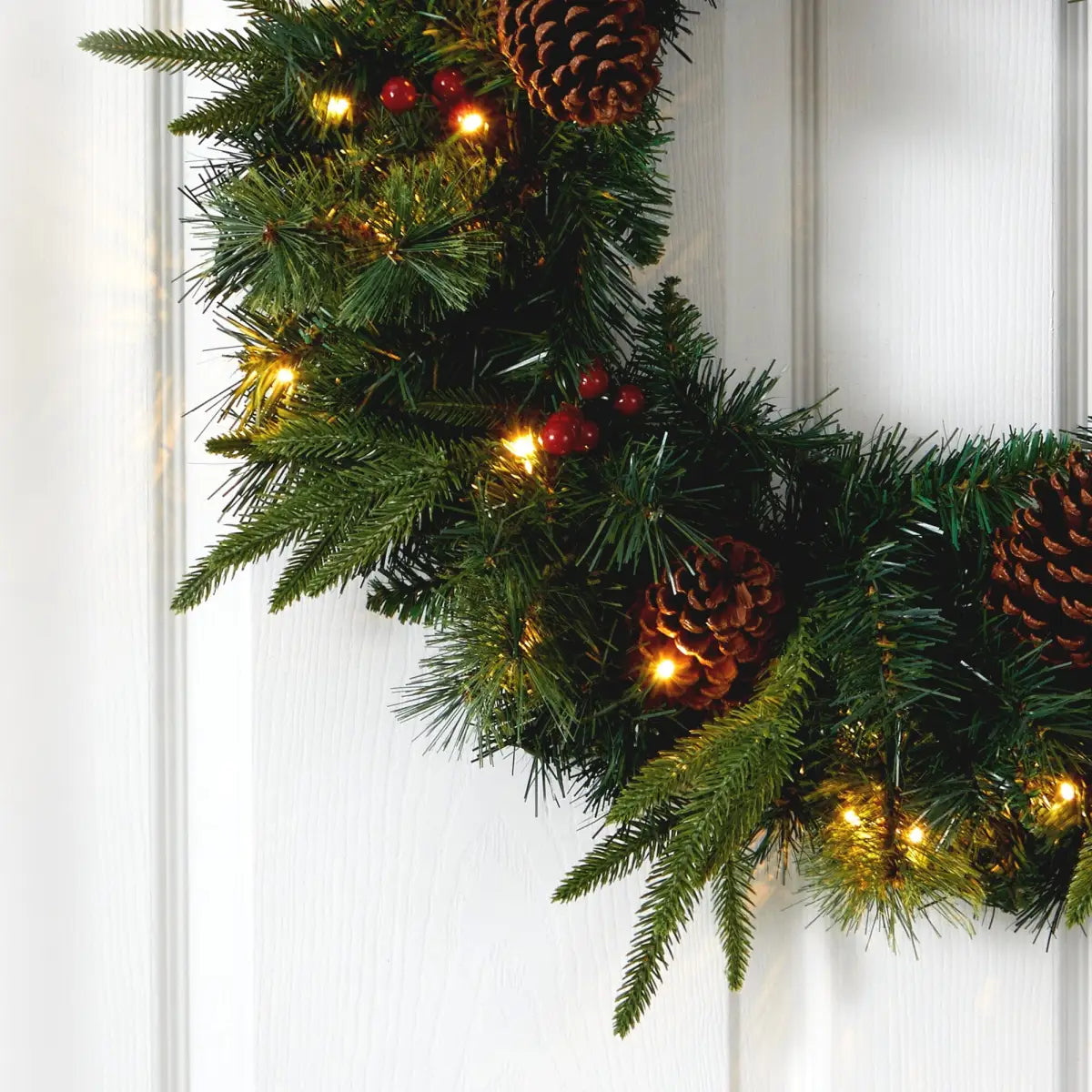 24” Mixed Pine Artificial Christmas Wreath with 35 Clear LED Lights and Berries - Nearly Natural