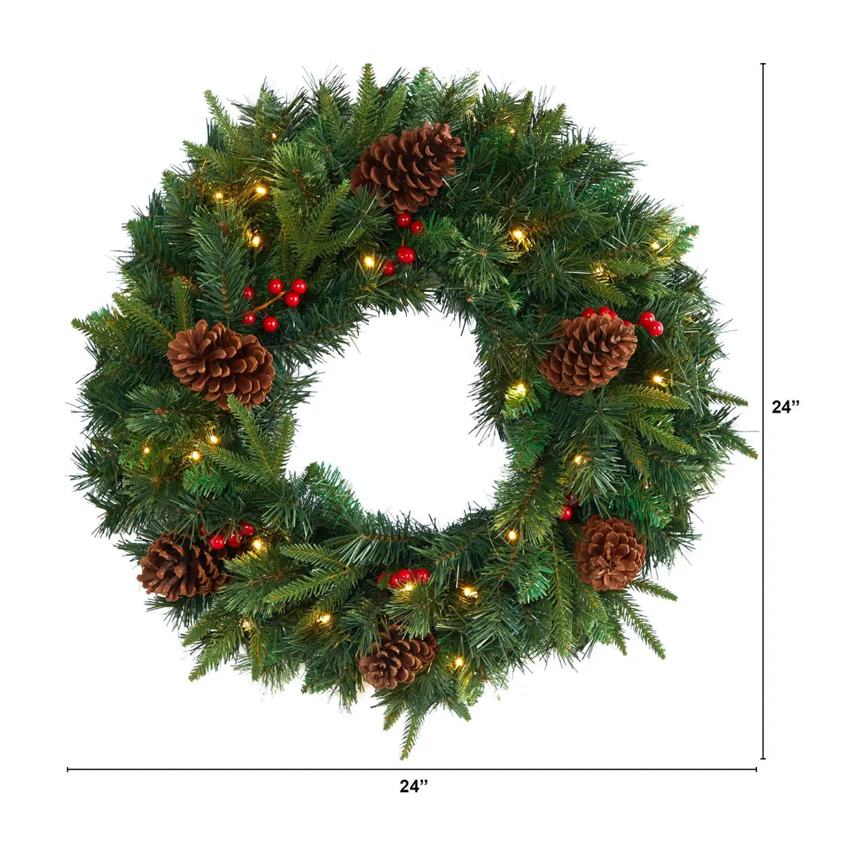 24” Mixed Pine Artificial Christmas Wreath with 35 Clear LED Lights and Berries - Nearly Natural