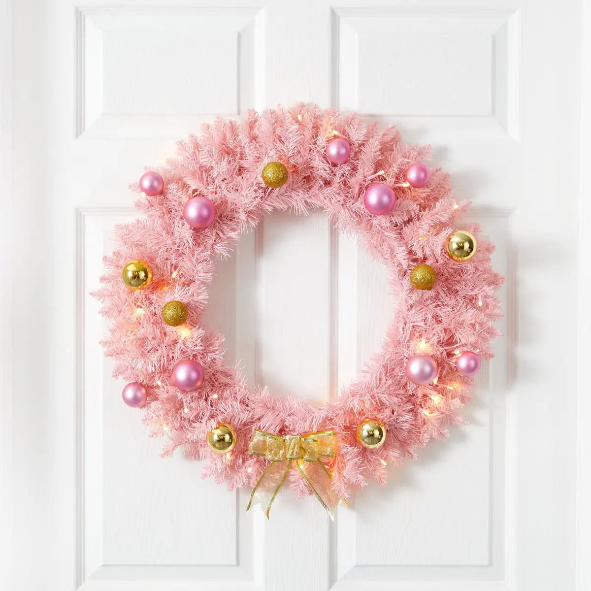 24” Pink Artificial Christmas Wreath with 35 LED Lights and Ornaments - Nearly Natural