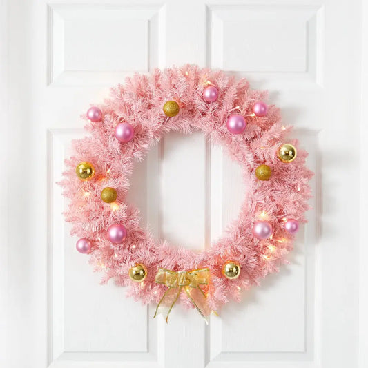 24” Pink Artificial Christmas Wreath with 35 LED Lights and Ornaments - Nearly Natural