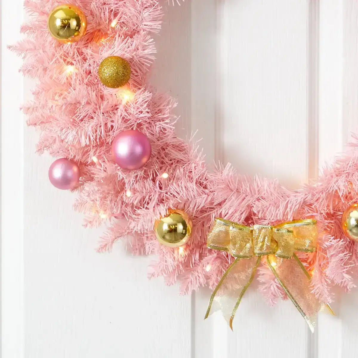 24” Pink Artificial Christmas Wreath with 35 LED Lights and Ornaments - Nearly Natural