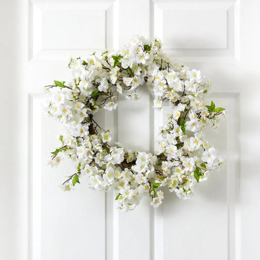 24” White Flower Blossom Wreath - Nearly Natural