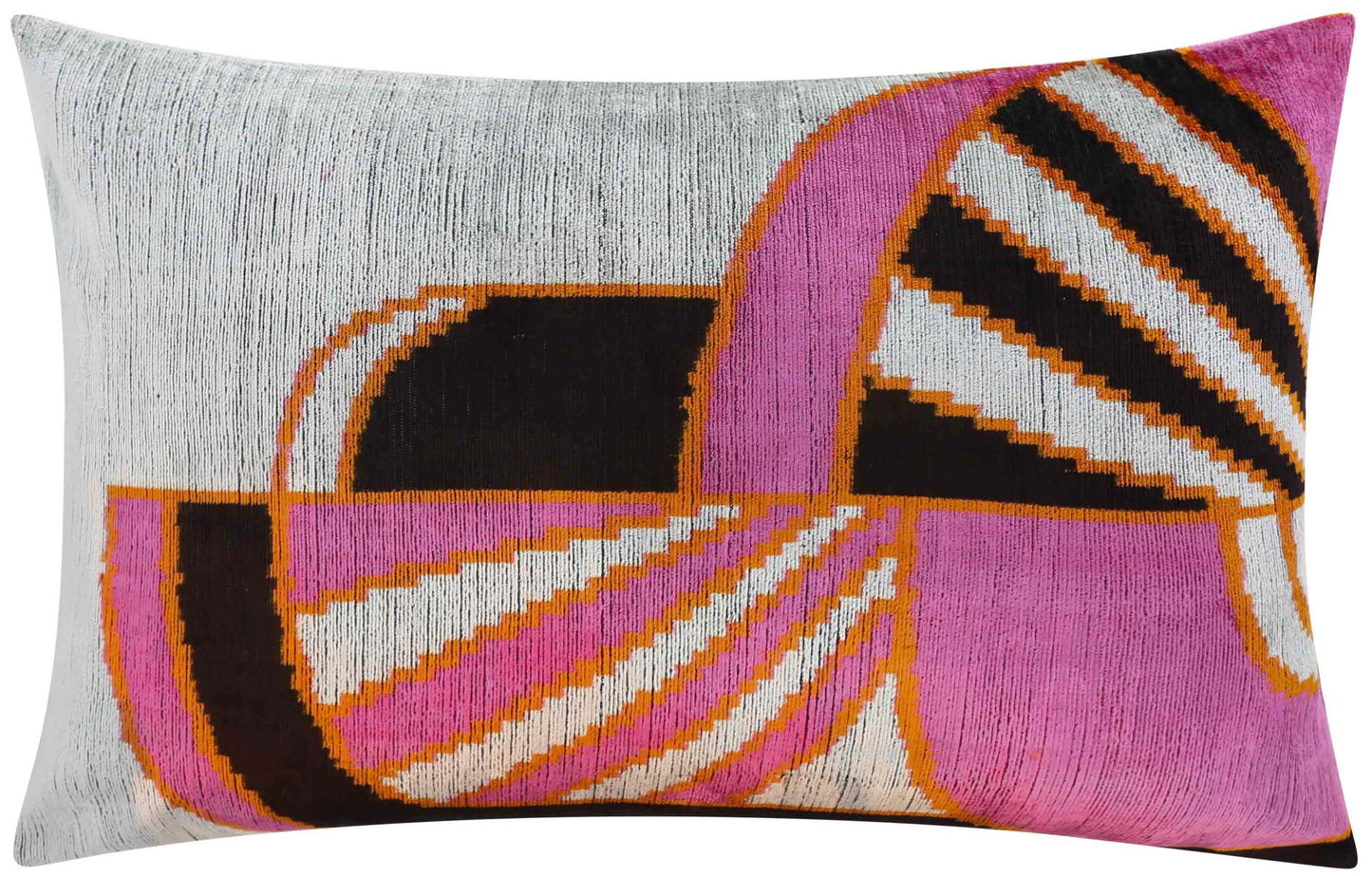 Almohada de terciopelo de seda geométrica hecha a mano: 16 x 24, diseño moderno rosa y naranja con relleno de plumas