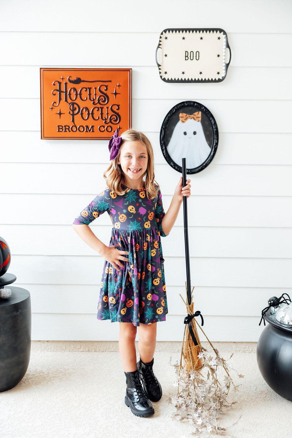 Skeleton Web 3/4 Sleeve Pocket Twirl Dress - Mila & Rose ®