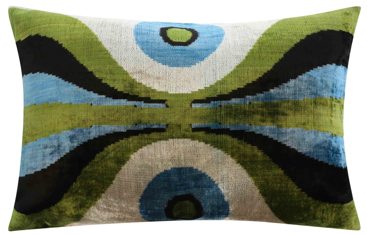 Almohada de terciopelo de seda con diseño geométrico retro hecha a mano, 16 x 24 pulgadas, verde y azul, con relleno de plumas