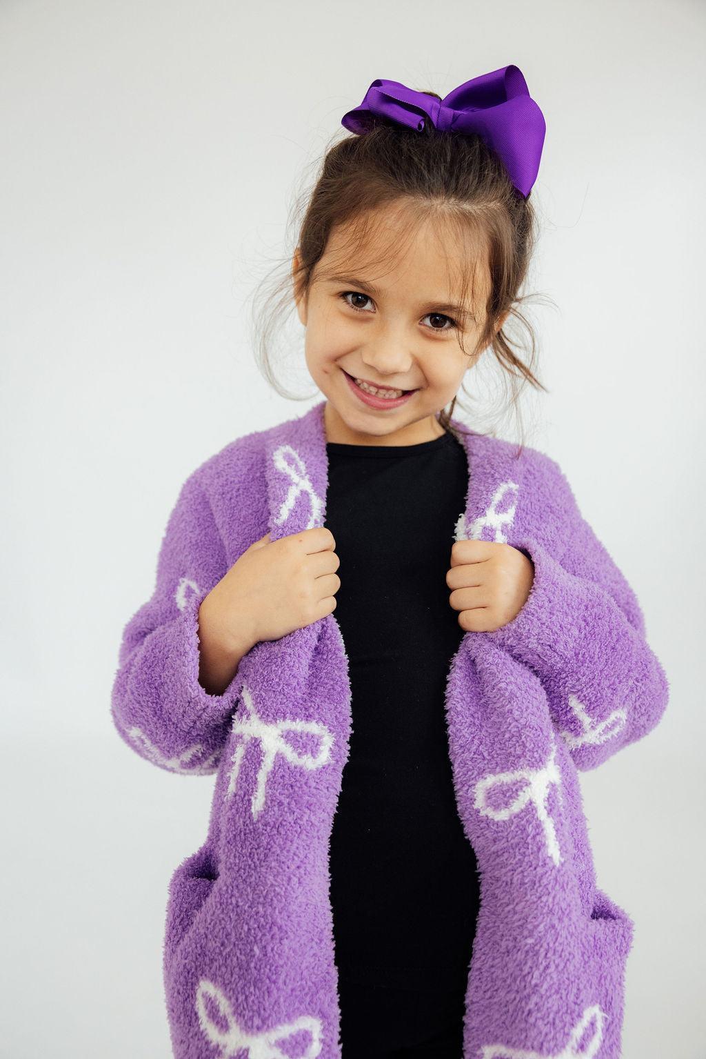 Kids Cozy Cardigan - Lilac/Coconut Bow - Mila & Rose ®