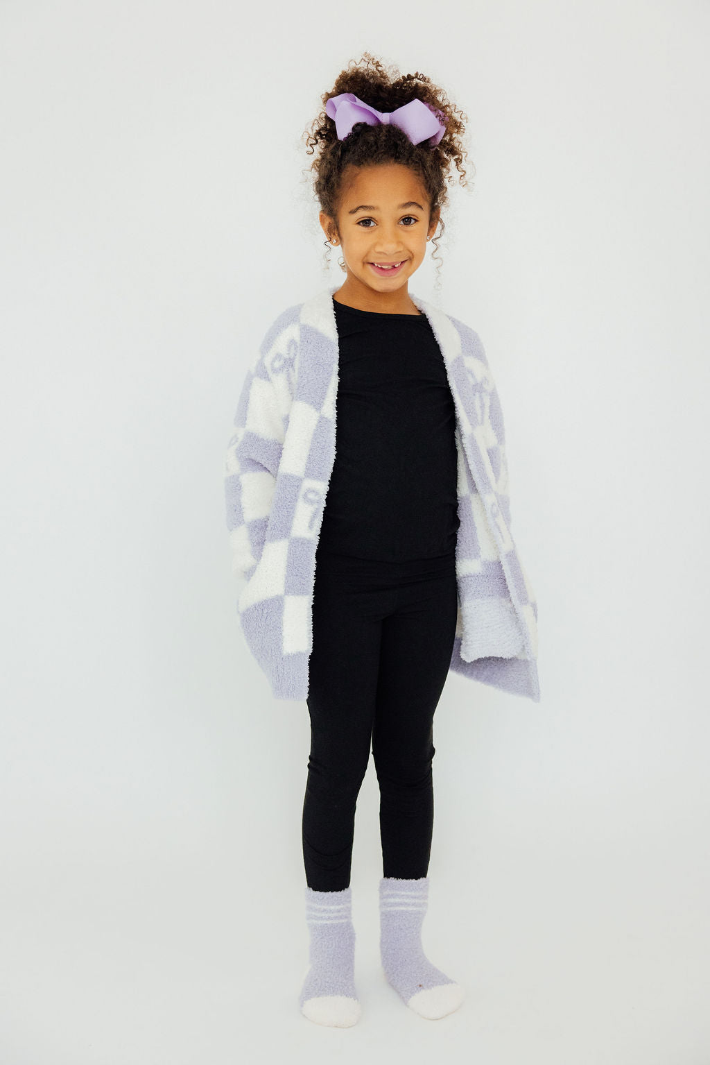 Kids Cozy Cardigan - Lavender Checker Bow - Mila & Rose ®
