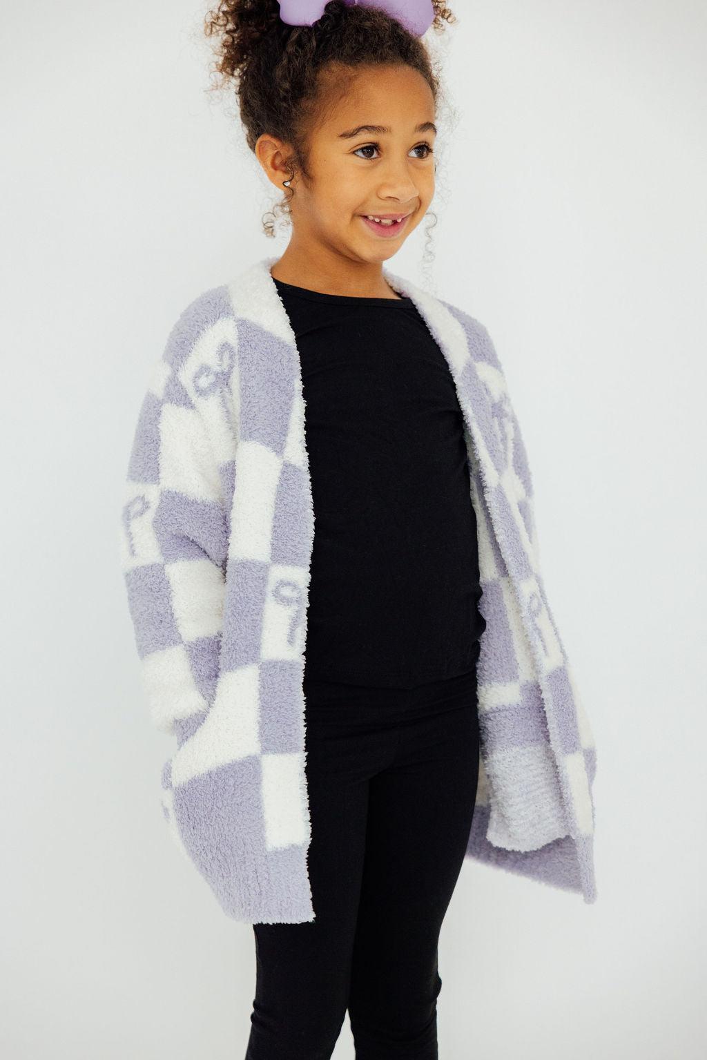 Kids Cozy Cardigan - Lavender Checker Bow - Mila & Rose ®