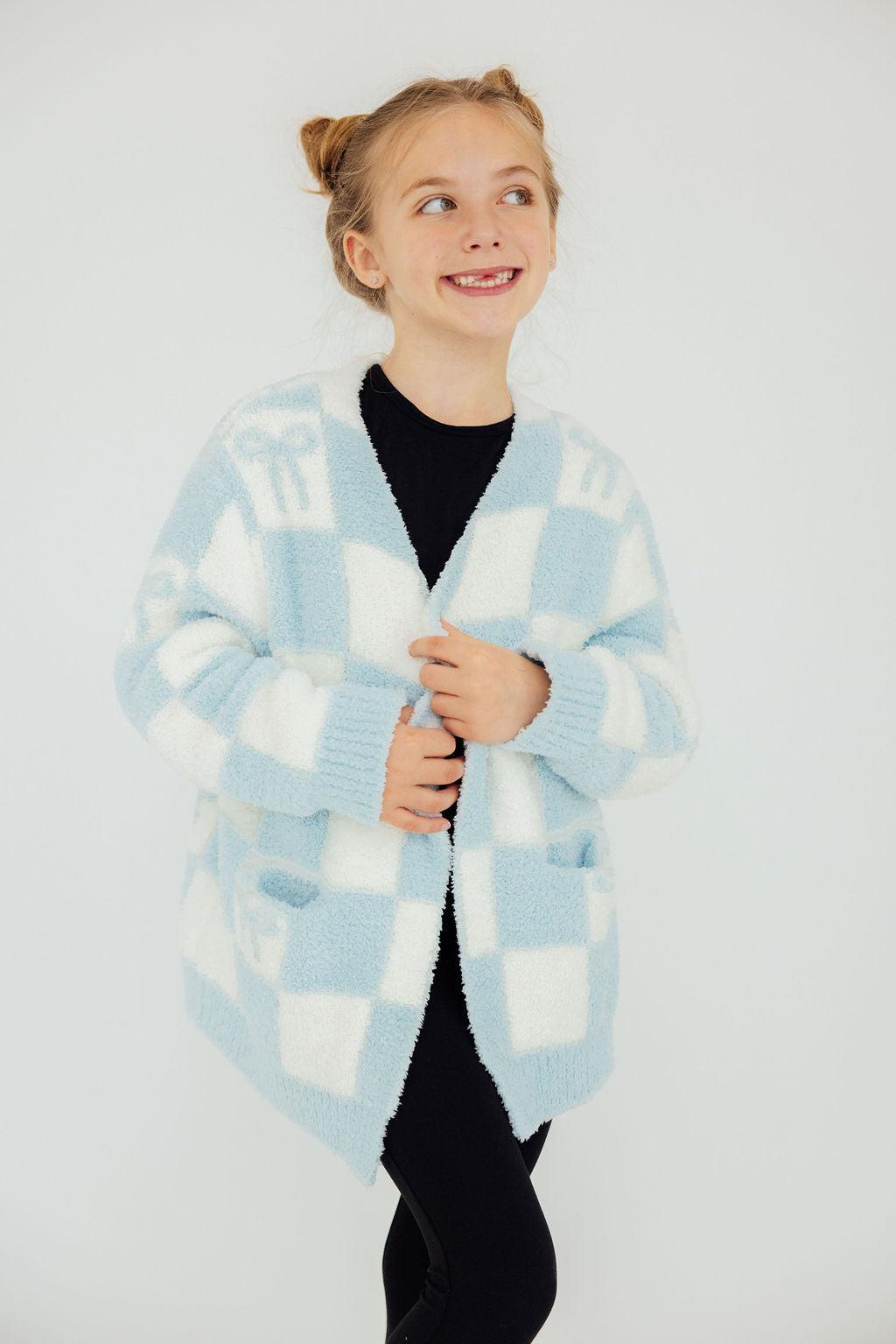 Kids Cozy Cardigan - Light Blue Checkerboard - Mila & Rose ®