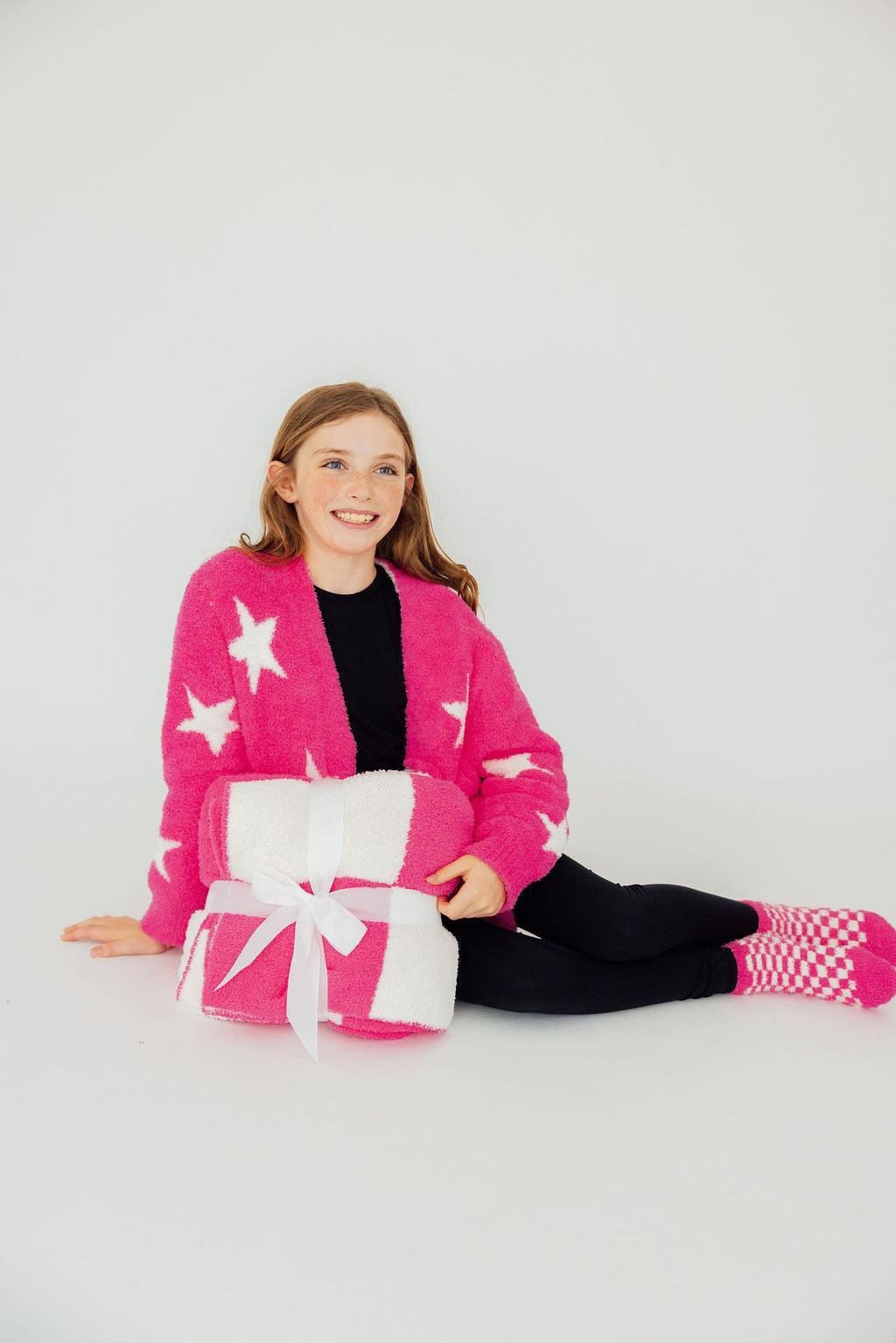 Kids Cozy Blanket - Bright Pink Checker Bow - Mila & Rose ®