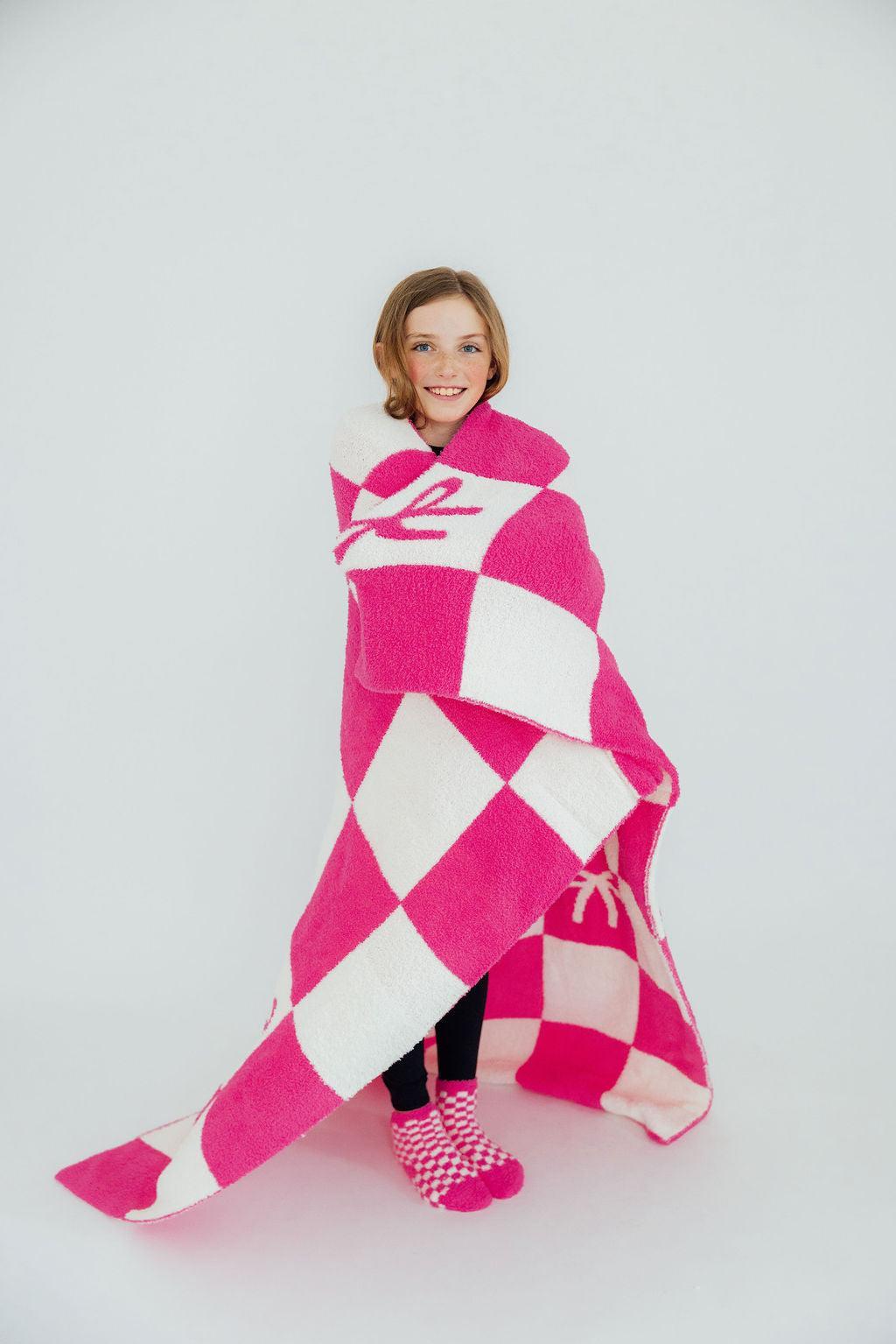 Kids Cozy Blanket - Bright Pink Checker Bow - Mila & Rose ®