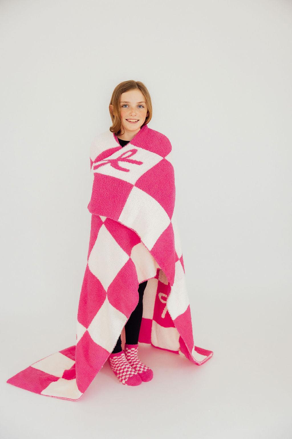 Kids Cozy Blanket - Bright Pink Checker Bow - Mila & Rose ®