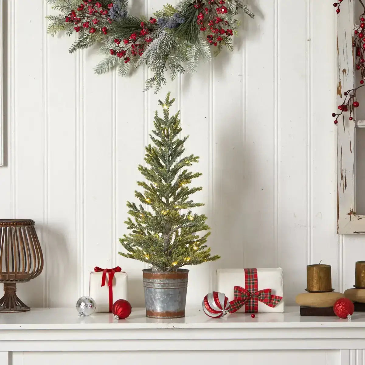 26” Pine “Natural Look” Artificial Christmas Tree with 35 Warm White Lights in Rustic Metal Planter - Green - Nearly
