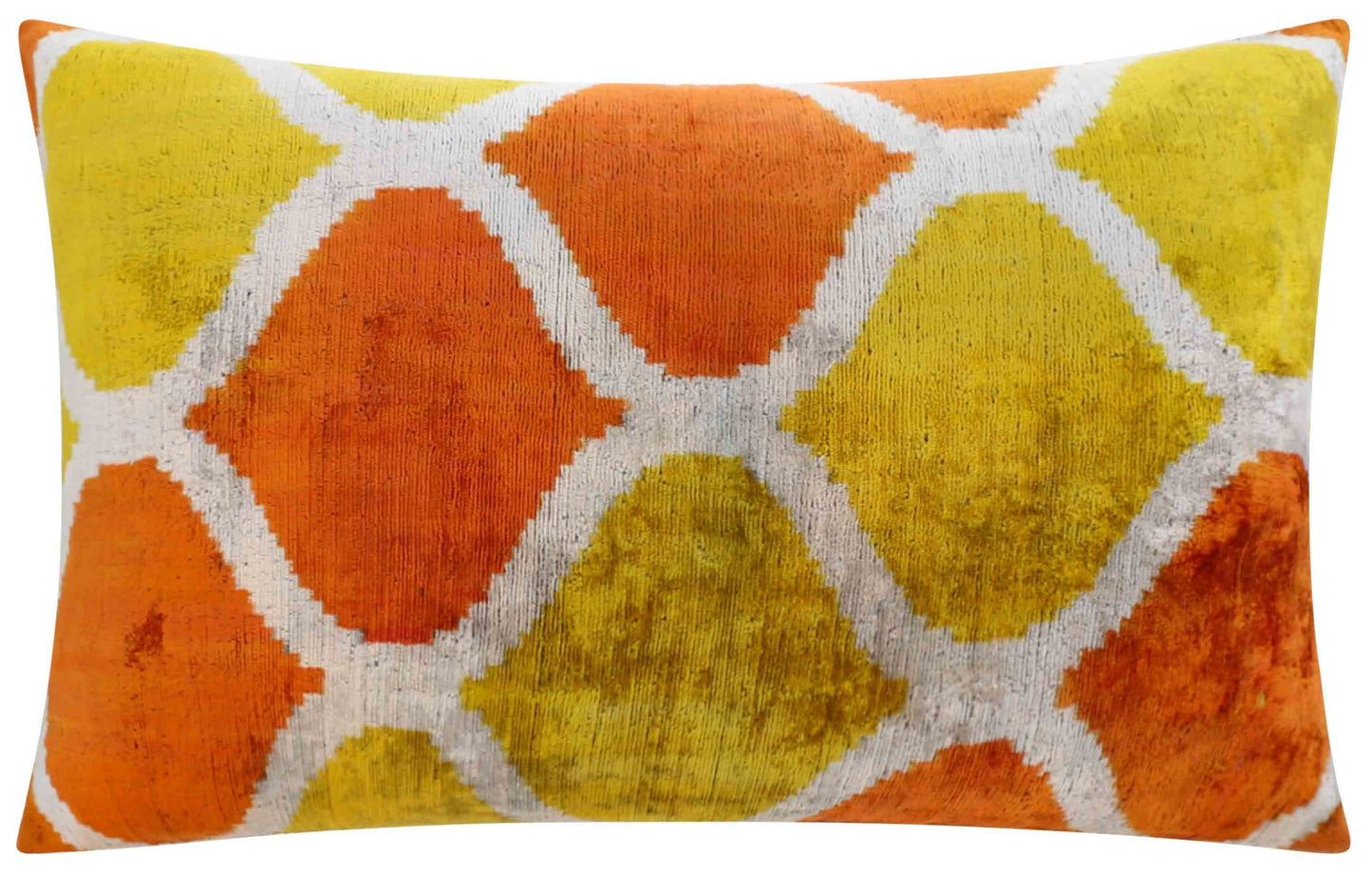 Coussin décoratif en velours de soie d'automne fait à la main - 16x24, motif géométrique orange et jaune avec insert en plumes