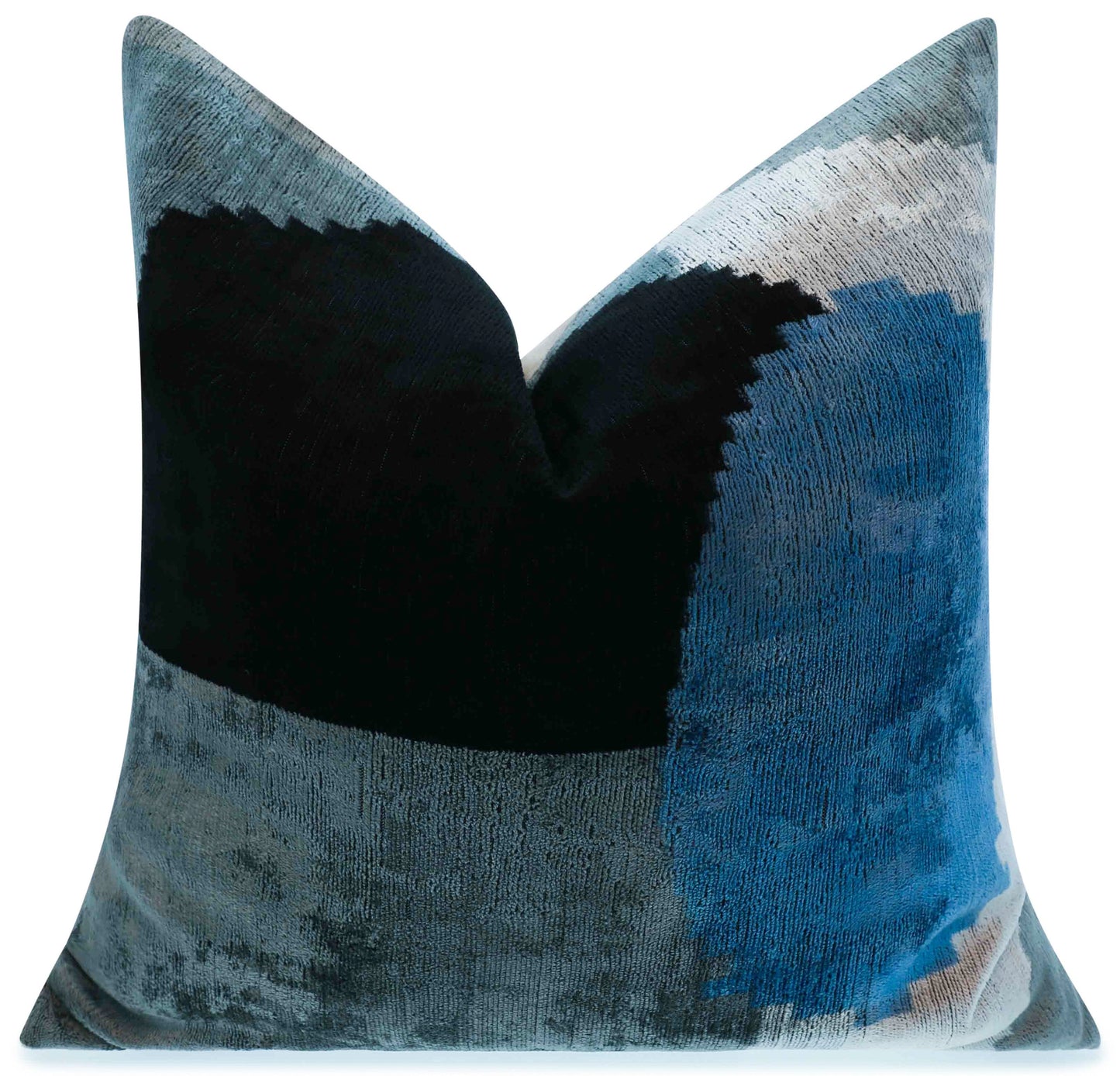 Coussin décoratif abstrait en velours de soie fait main - 20x20, design moderne bleu, noir et gris avec insert en plumes