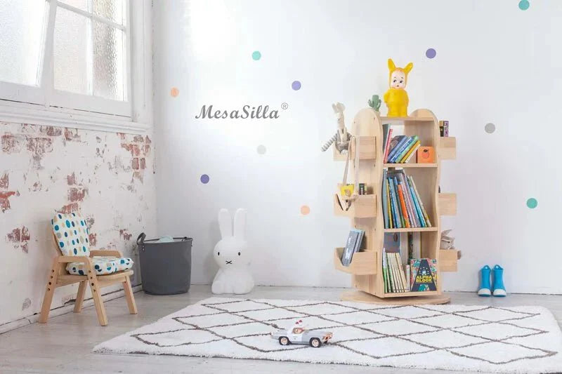 Estantería giratoria de madera maciza Mesasilla para niños - Biblioteca para el hogar de 360 ​​grados