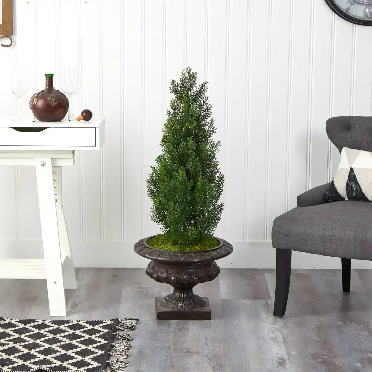 3.5’ Mini Cedar Artificial Pine Tree in Iron Colored Urn UV Resistant (Indoor/Outdoor) - Nearly Natural