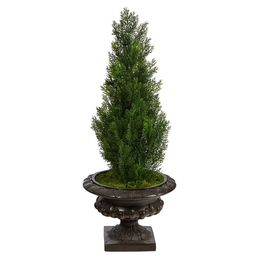 3.5’ Mini Cedar Artificial Pine Tree in Iron Colored Urn UV Resistant (Indoor/Outdoor) - Nearly Natural