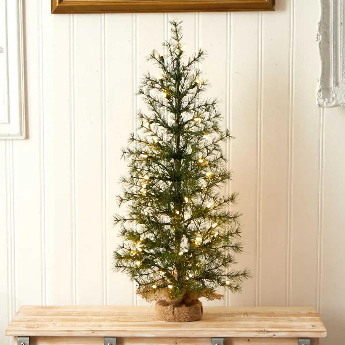 3’ Artificial Christmas Tree with 50 Clear LED Lights Set in a Burlap Base - Green - Nearly Natural
