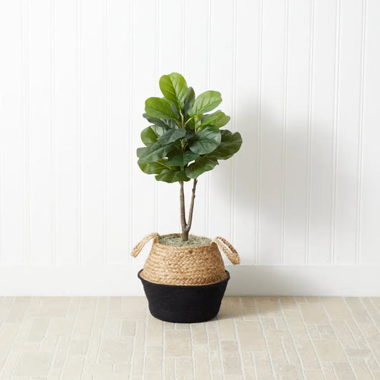 3’ Artificial Fiddle Leaf Fig Tree with Handmade Cotton & Jute Woven Basket DIY Kit - Black - Nearly Natural