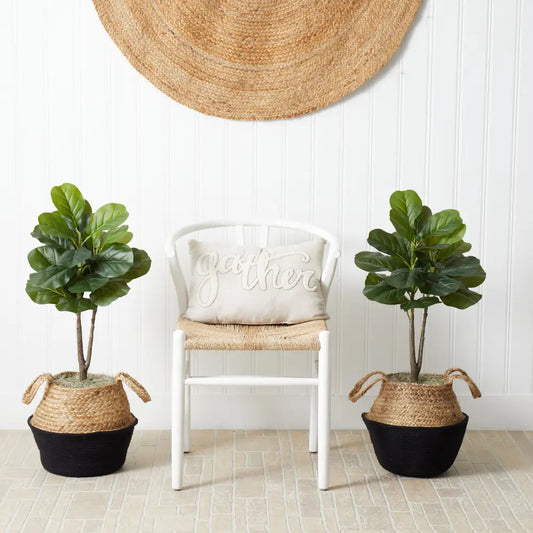 3’ Artificial Fiddle Leaf Fig Tree with Handmade Cotton & Jute Woven Planter DIY Kit - Set of 2 - Nearly Natural