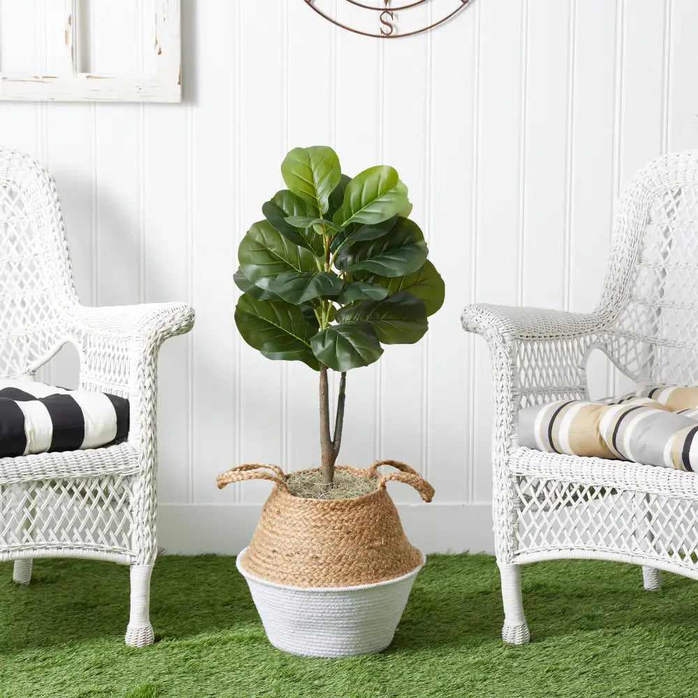 3’ Artificial Fiddle Leaf Fig Tree with Handmade Cotton & Jute Woven Basket DIY Kit - Nearly Natural