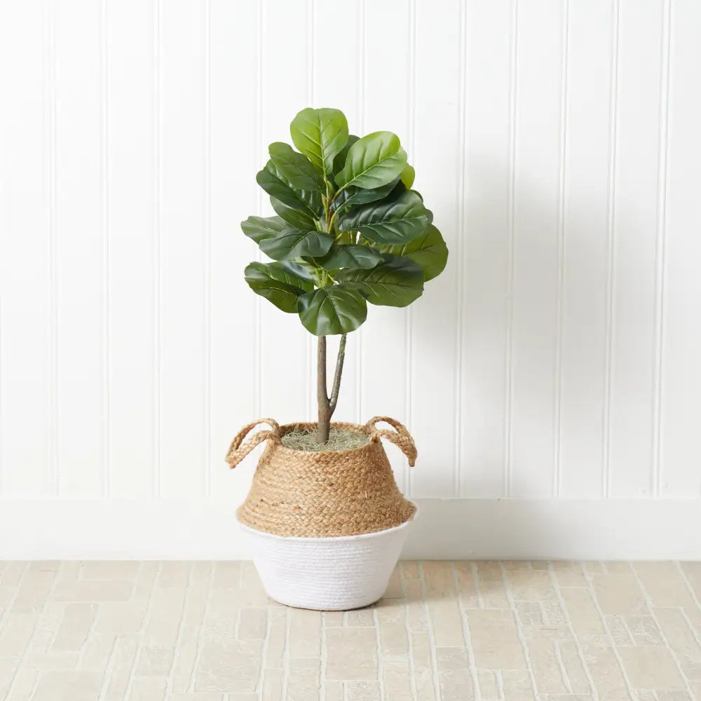 3’ Artificial Fiddle Leaf Fig Tree with Handmade Cotton & Jute Woven Basket DIY Kit - White - Nearly Natural