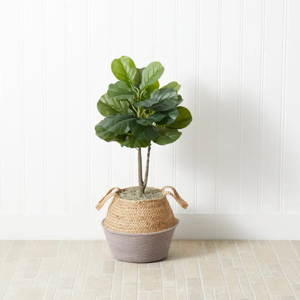 3’ Artificial Fiddle Leaf Fig Tree with Handmade Cotton & Jute Woven Basket DIY Kit - Gray - Nearly Natural