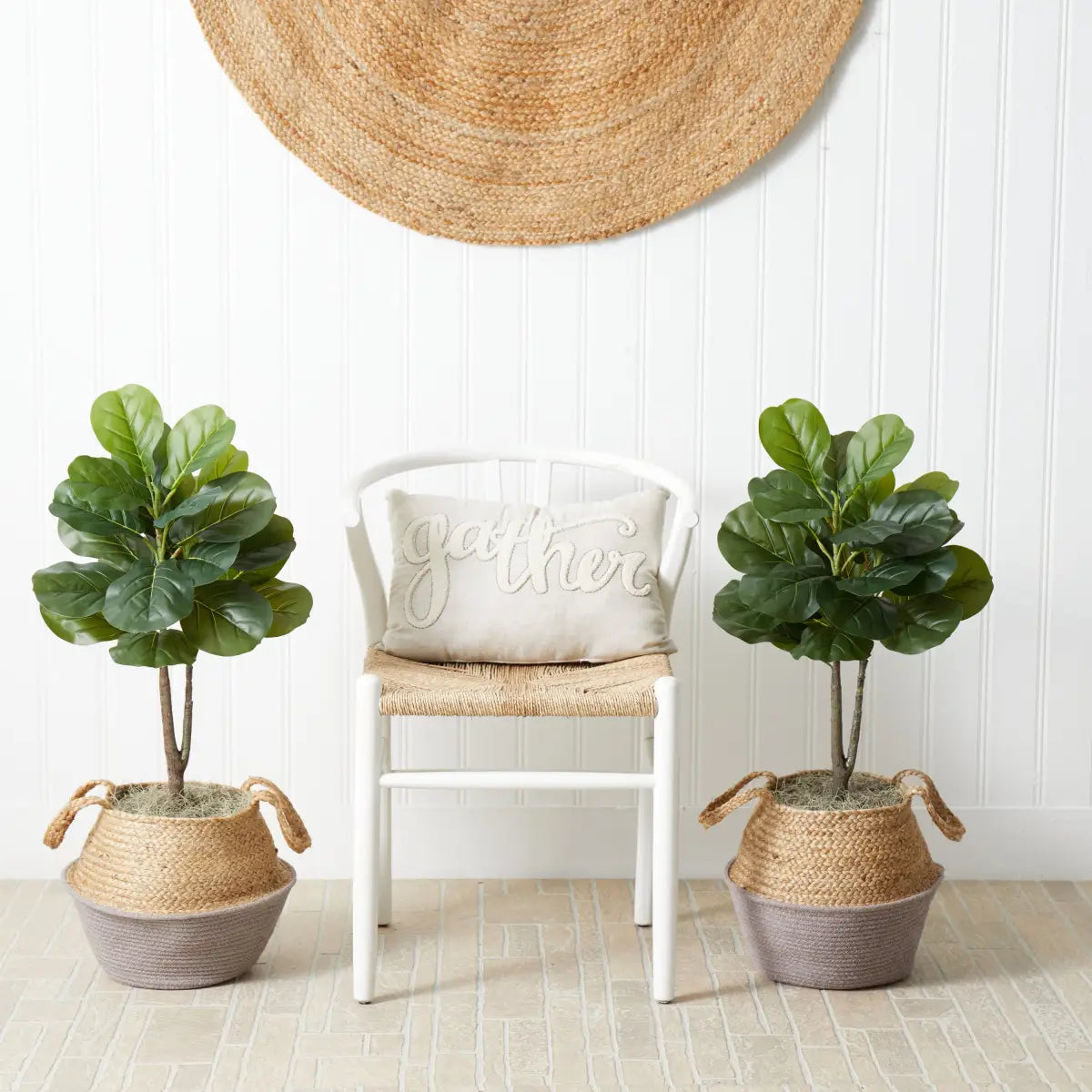 3’ Artificial Fiddle Leaf Fig Tree with Handmade Cotton & Jute Woven Planter DIY Kit - Set of 2 - Nearly Natural