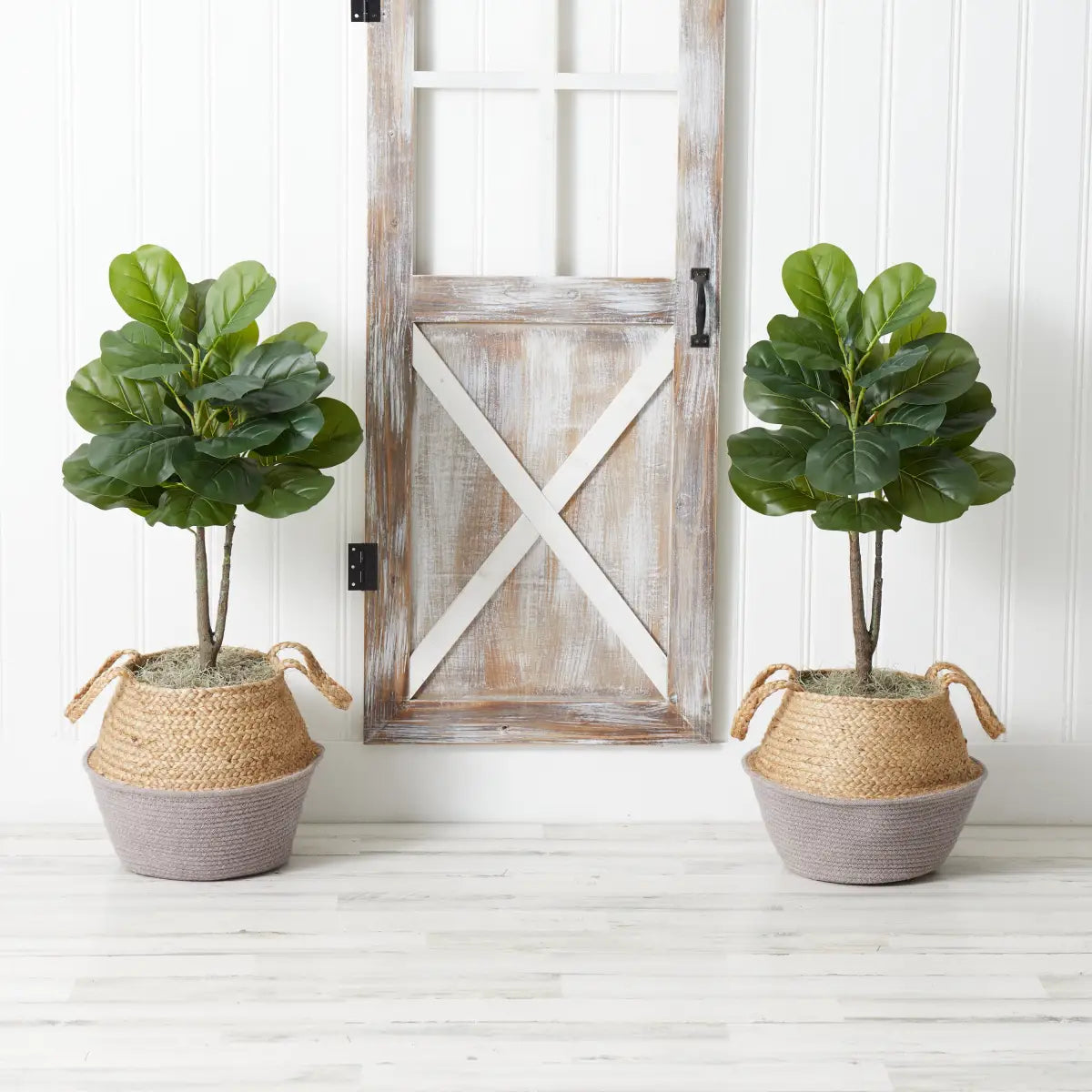 3’ Artificial Fiddle Leaf Fig Tree with Handmade Cotton & Jute Woven Planter DIY Kit - Set of 2 - Nearly Natural