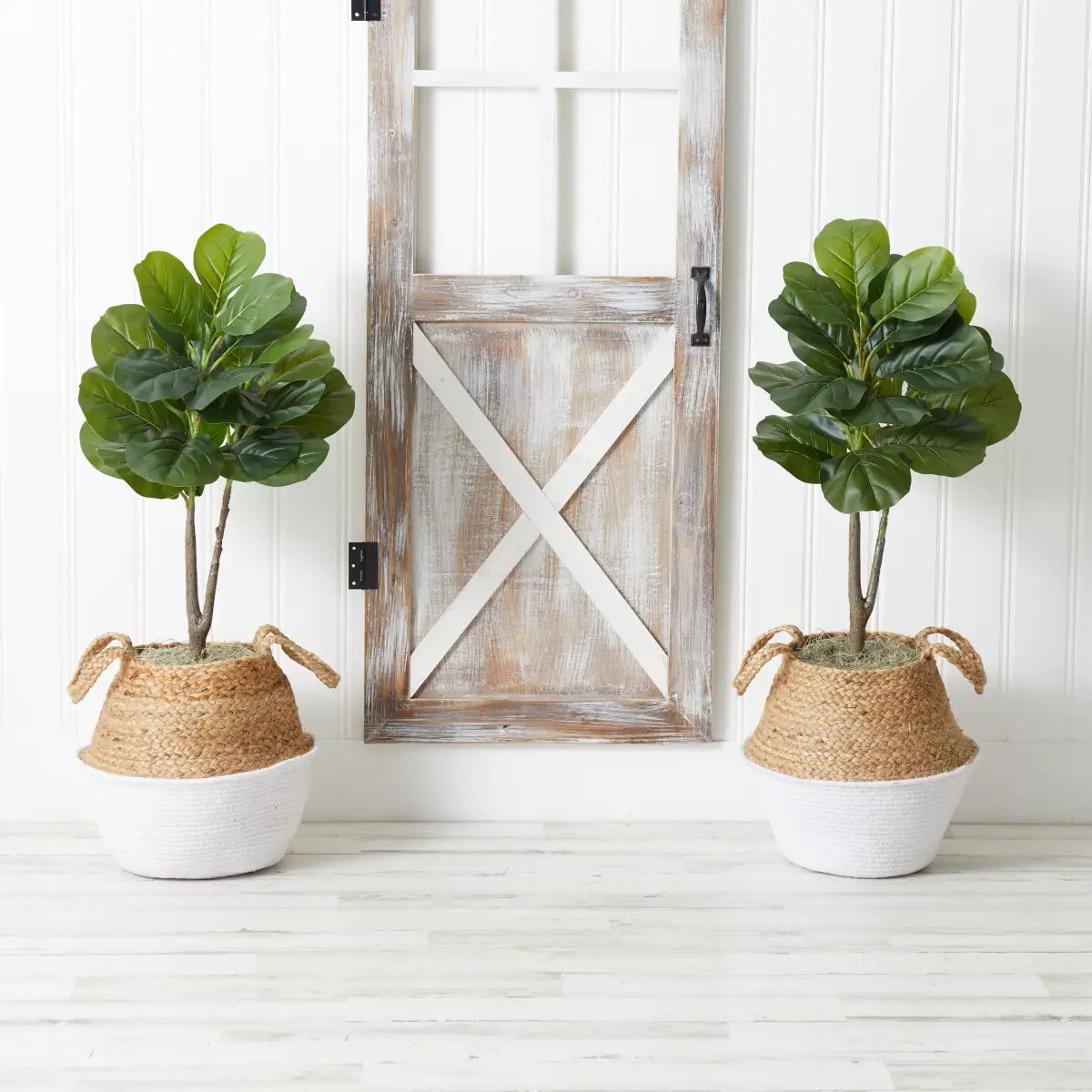 3’ Artificial Fiddle Leaf Fig Tree with Handmade Cotton & Jute Woven Planter DIY Kit - Set of 2 - Nearly Natural